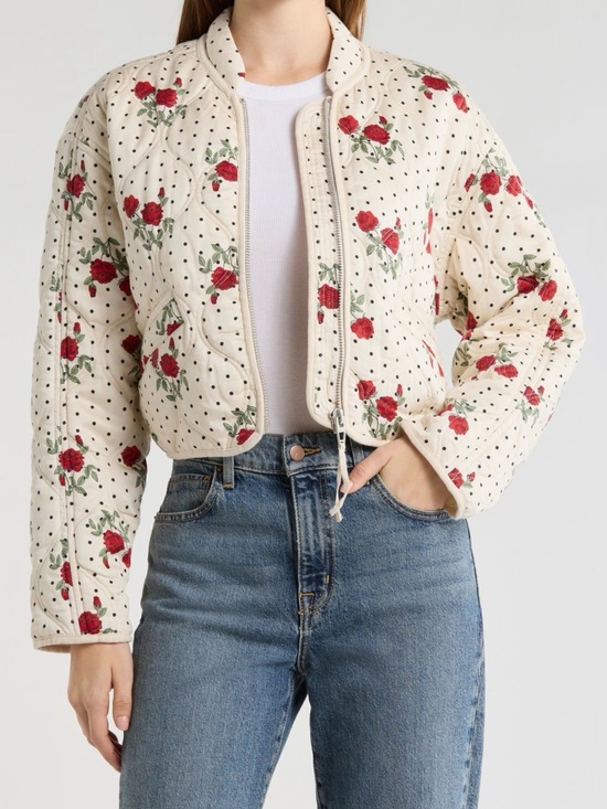 Blank NYC Jackets & Blazers - Blank NYC Cream Quilted Bomber Jacket with Red Rose Print Size Large